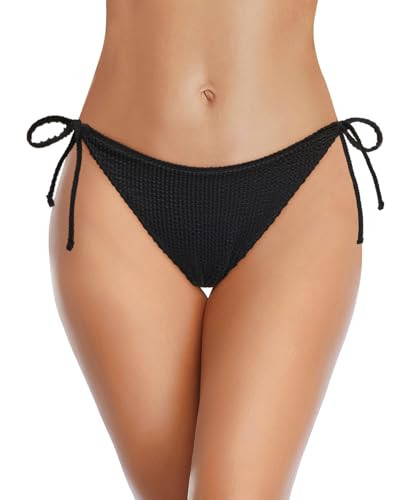 Holipick Ribbed Black Bikini Bottoms for Women String Bathing Suit Bottom with Moderate Coverage Low Waist Swim Bottom L | Amazon (US)