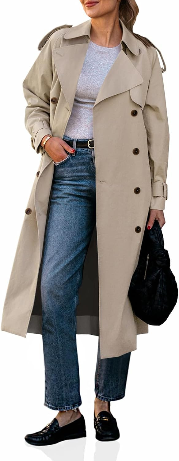 Cicy Bell Womens Long Trench Coat Double Breasted Classic Lapel Fall Overcoat with Belt | Amazon (US)