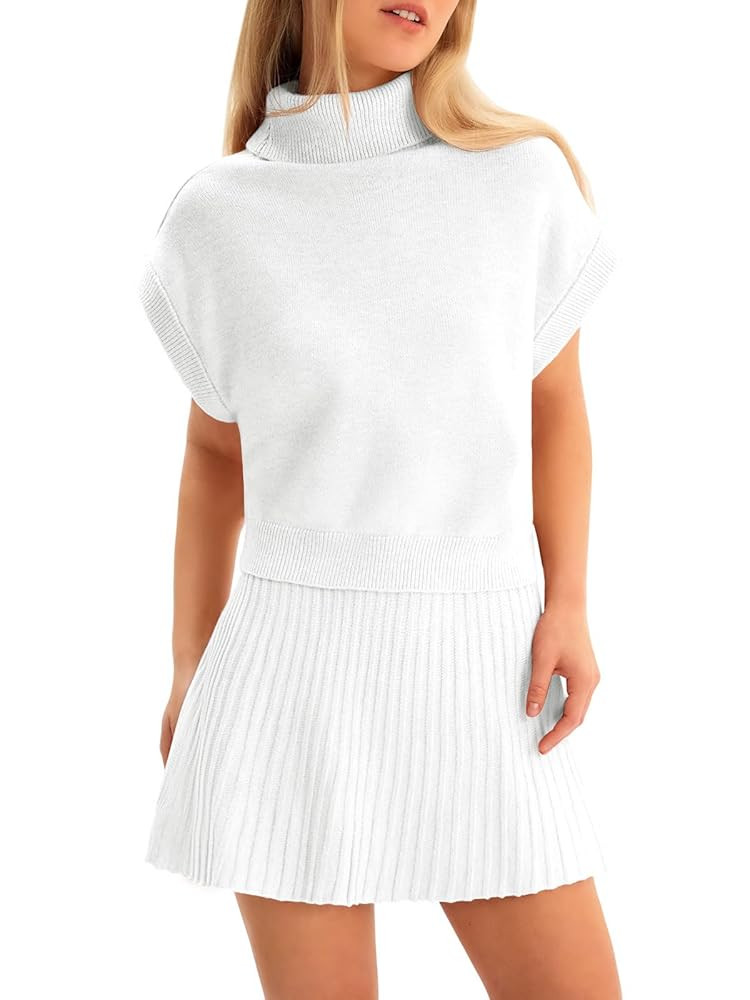 Tankaneo Womens Skirt 2 Piece Sets Sweater Set 2025 Turtleneck Cap Sleeve Crop Top and Pleated Mi... | Amazon (US)