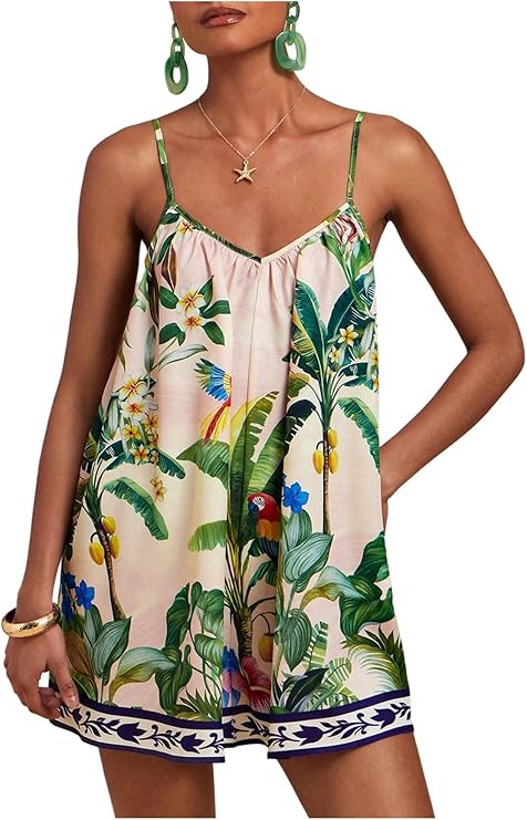 Milumia Women's Tropical V Neck Spaghetti Strap Romper Summer Vacation Loose Shorts Jumpsuits | Amazon (US)