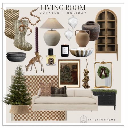 Living room curated, Christmas decor we love, sofa,  chest of drawers, mirror, arch cabinet, faux Christmas tree, vase, bowl, candles, candlestick holder, throw pillows, winter art, holiday art from Etsy, mcgee and co,  area rug, checkered rug 

#LTKhome #LTKstyletip #LTKHoliday