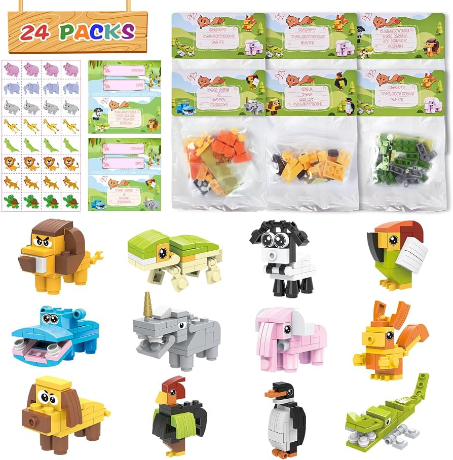 24 Packs Valentines Day Gifts for Kids School, Animal Building Blocks with Valentines Cards for K... | Amazon (US)