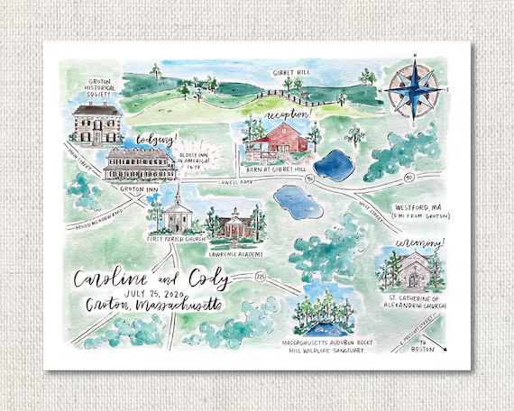 11x14 Custom Hand Painted Watercolor Illustrated Map with Locations for a Wedding, Home Town, Vac... | Etsy (US)