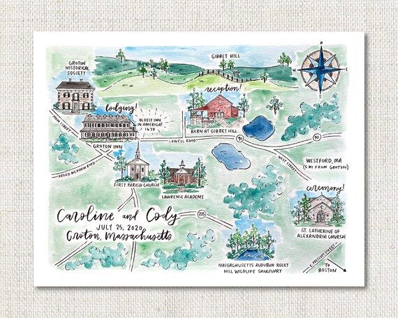 11x14 Custom Hand Painted Watercolor Illustrated Map with Locations for a Wedding, Home Town, Vac... | Etsy (US)