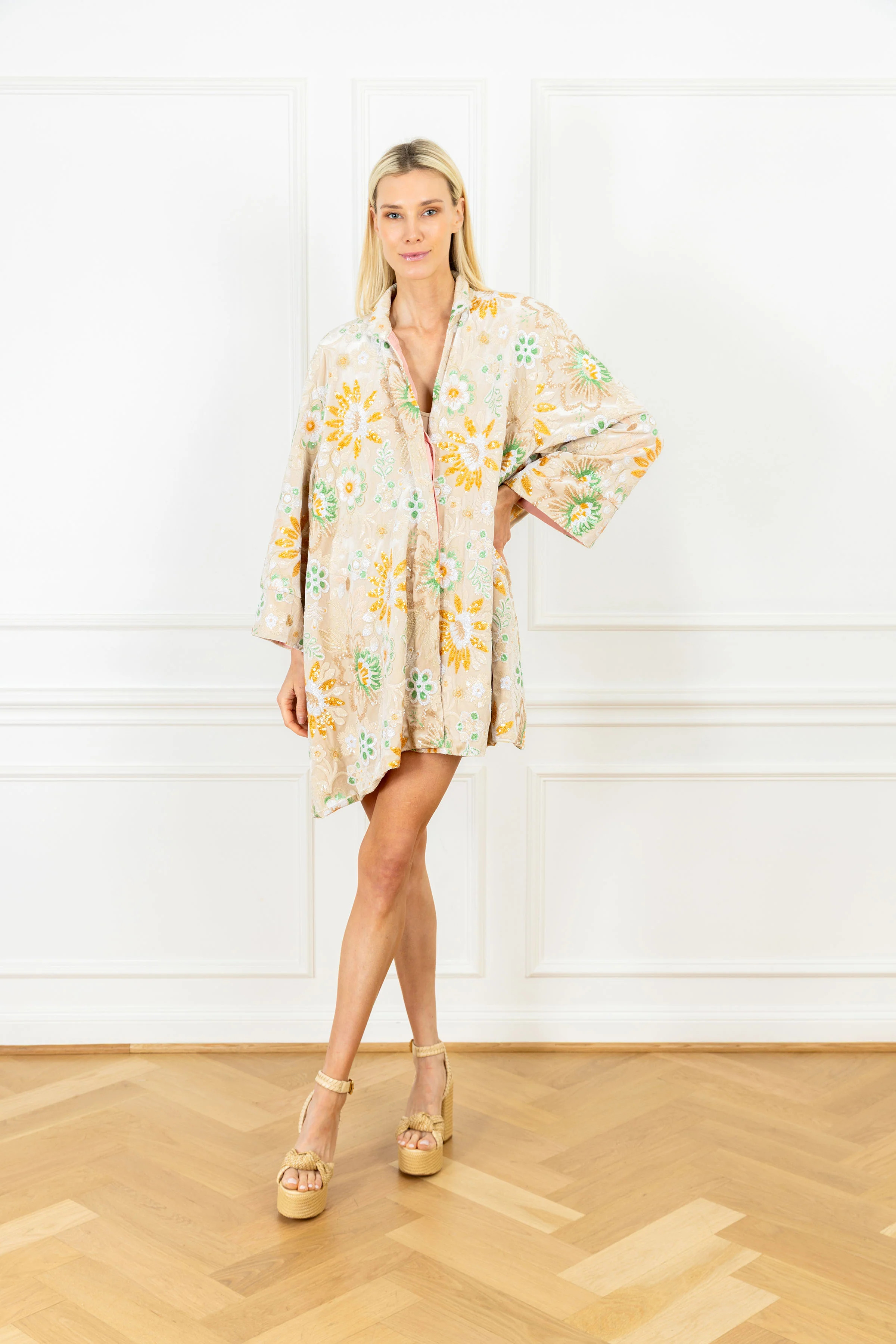 Beige Sequin Floral Mini Dress Coat | La Vie Style House