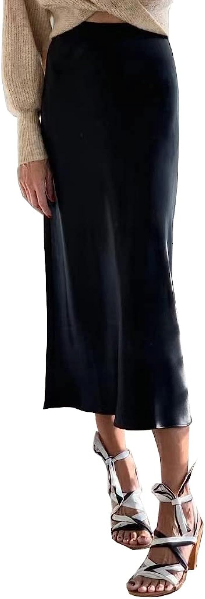 Ms.Jasmine Silk Satin Skirts for Women Midi Simple High Elastic Waist Swing Casual Dresses J02 | Amazon (US)