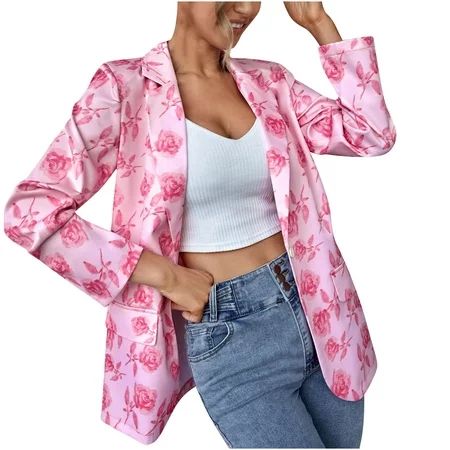 UPPADA Women Open Front Blazer Floral Colorful Print Suit Coats Long Sleeve Suit Jacket With Pockets Work Office Button Coat Womens Blazers for Work Casual Vestidos Casuales Para Mujer | Walmart (US)