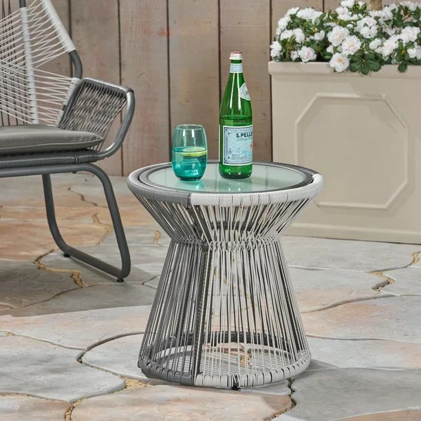 Reid Outdoor Wicker Side Table with Glass Top, Gray, White | Walmart (US)