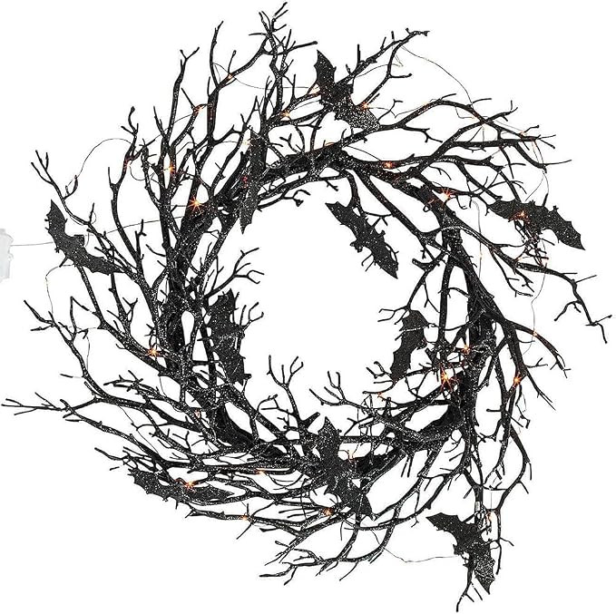 Fun Express 26" Light Up Black Bat Wreath, LED Halloween Door Decoration | Large spooky twig wrea... | Amazon (US)