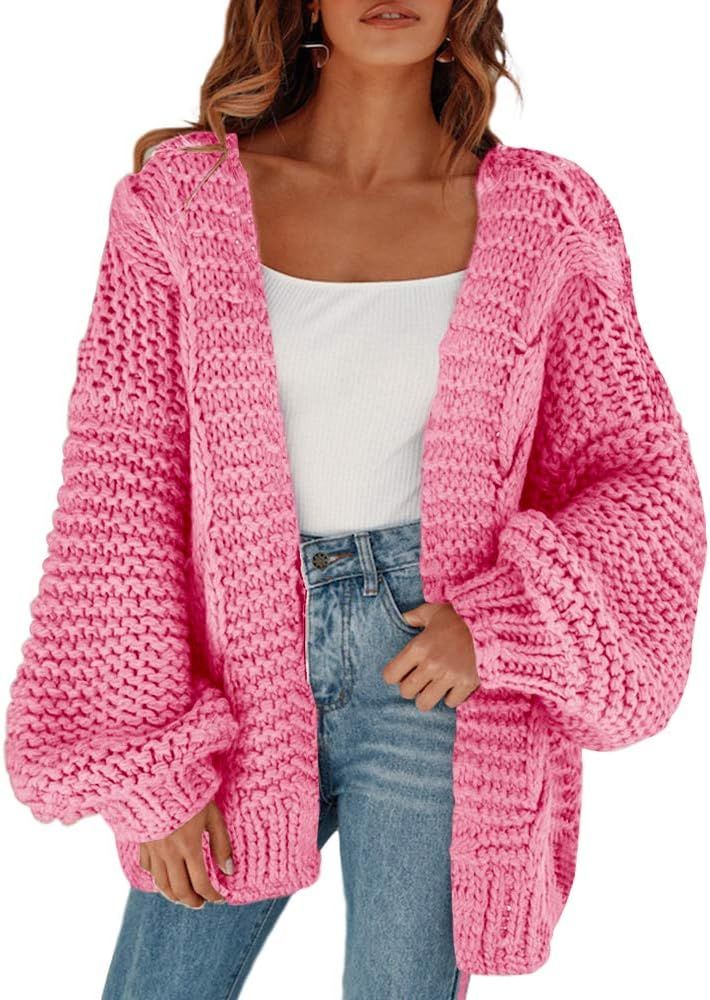 Women's Open Front Chunky Knit Cardigan Loose Lantern Sleeve Oversized Sweater Coats | Amazon (US)