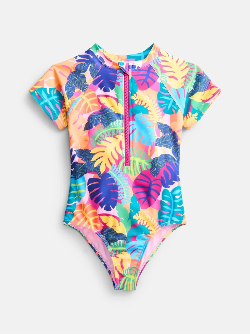Wonder Nation Girls Zip Rash Guard Swimsuit with Short Sleeves, Sizes 4-16 | Walmart (US)