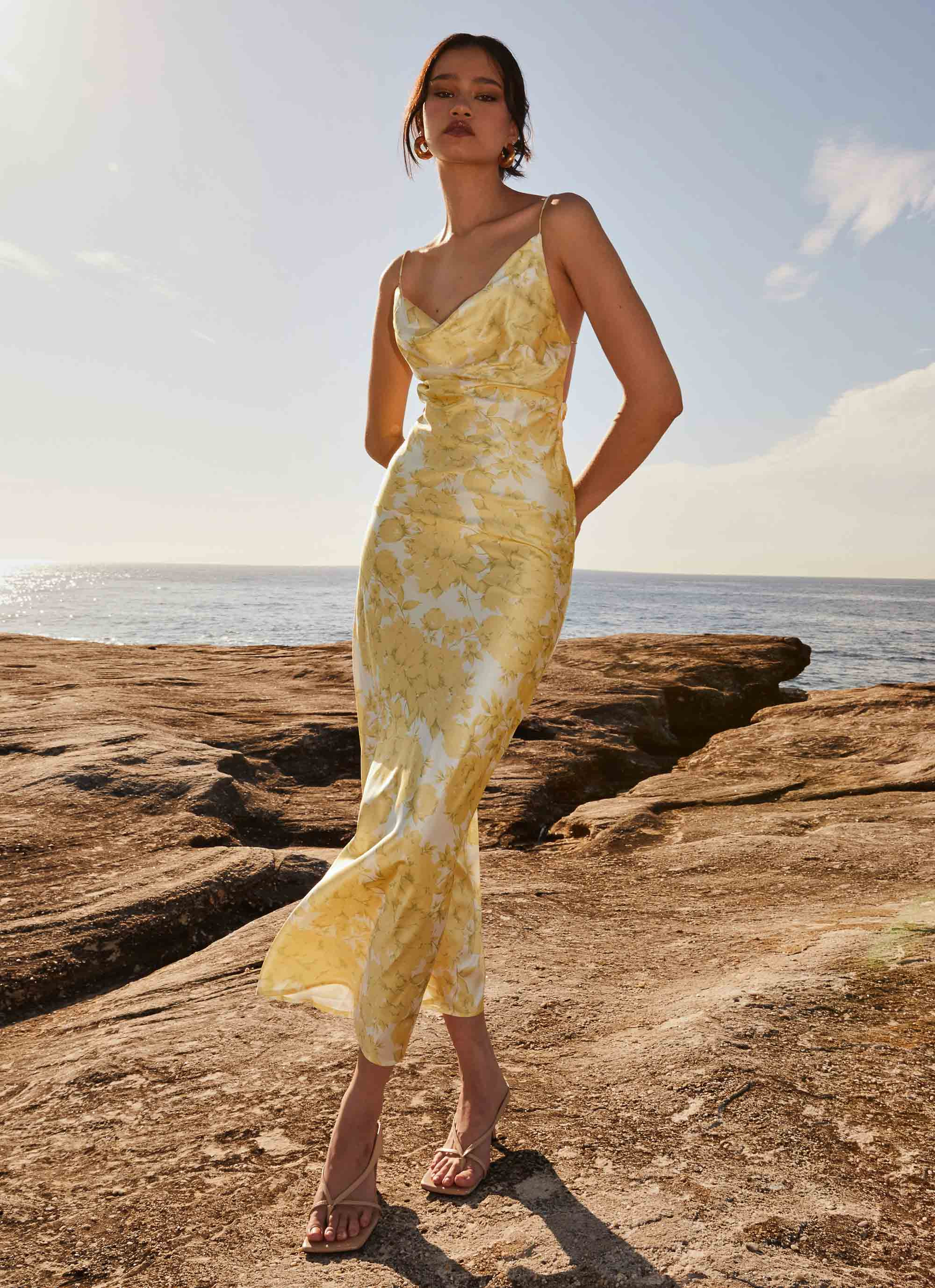 Peppermayo Exclusive -  Coastal Escape Satin Maxi Dress - Daffodil | Peppermayo (Global)