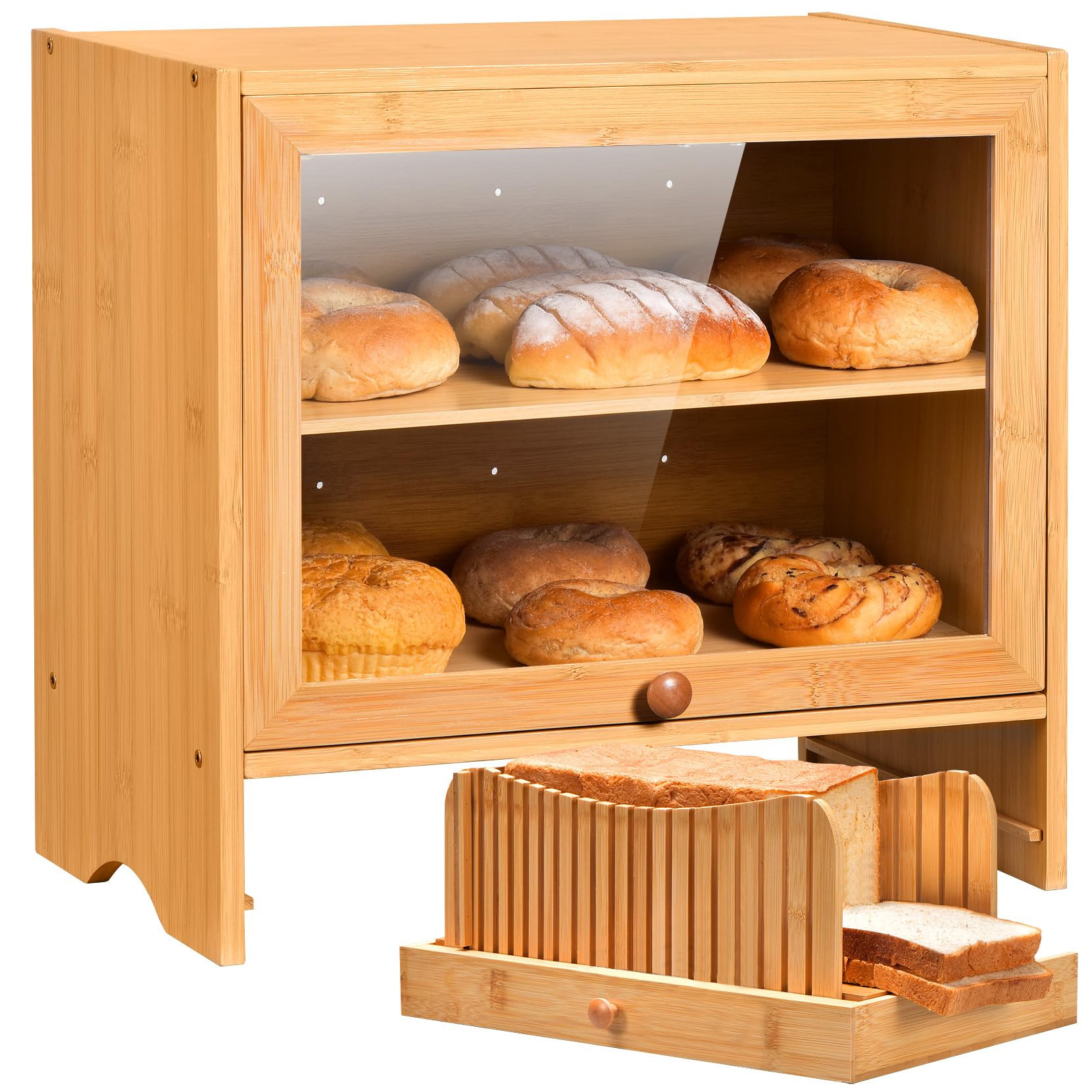 Beglero Bamboo Bread Box with Bread Slicer, Corner Bread Box for Kitchen Countertop, Bread Box fo... | Amazon (US)