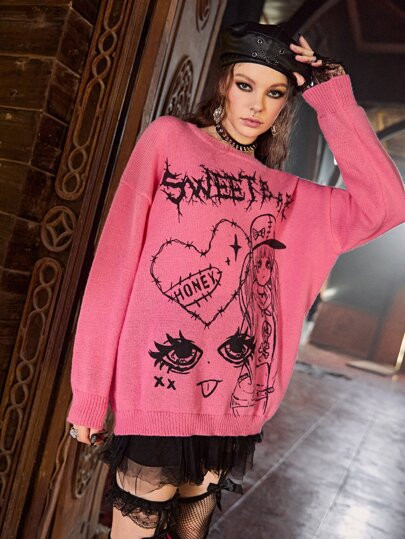 New
     
      ROMWE Goth Letter Cartoon Figure Pattern Drop Shoulder Sweater | SHEIN