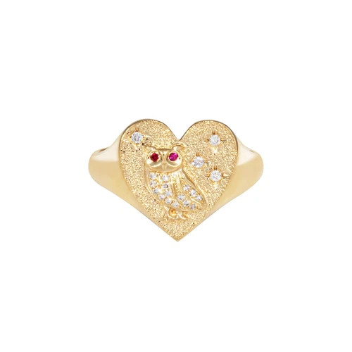 Diamond Owl Heart Ring Signet 14k Yellow Gold Sz 6.5 Fine Jewelry Ruby Eyes   | eBay | eBay US