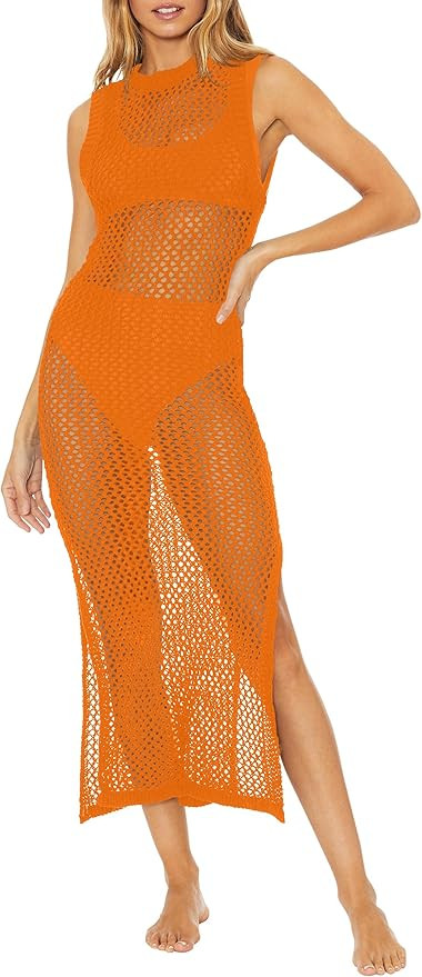 Ebifin Womens Sexy Cover Ups Crochet Dress Sleeveless Crew Neck Hollow Out Beach Cover Up Side Sl... | Amazon (US)