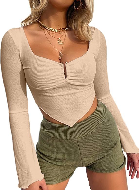 Avanova Women's Long Sleeve Knit Ribbed Crop Top Ruched Front Square Neck Asymmetrical Hem Tees S... | Amazon (US)