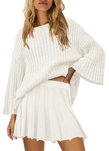 SENSERISE Fall Sweater Sets Skirt Sets Women 2 Piece Outfits Long Sleeve Top and Skirts Set Loungewear(Cream White,XS) | Amazon (US)