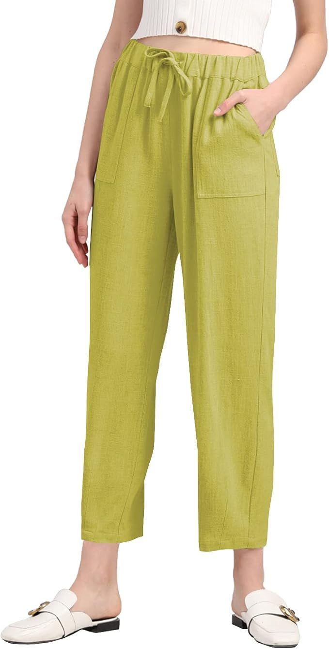 MEOMUA Women's Linen Pants Soft Cropped Drawstring Waist Cotton Beach Trousers | Amazon (US)