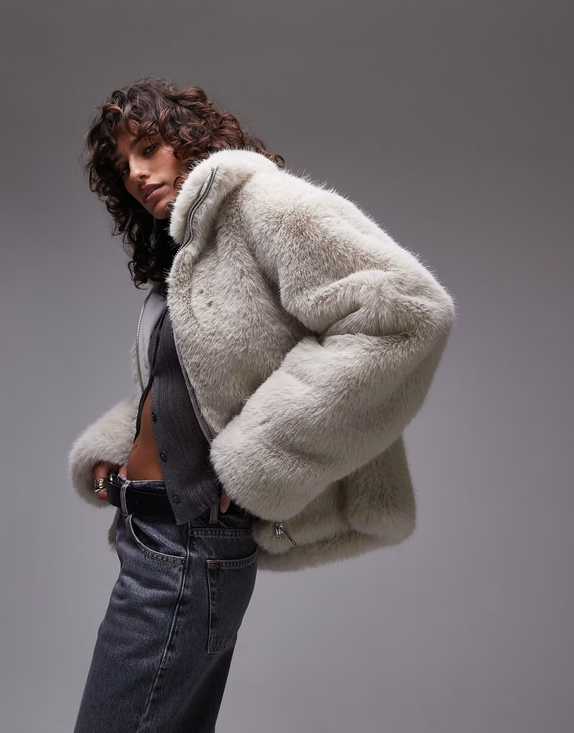 Topshop faux fur zip through short coat with funnel neck in tipped white | ASOS (Global)