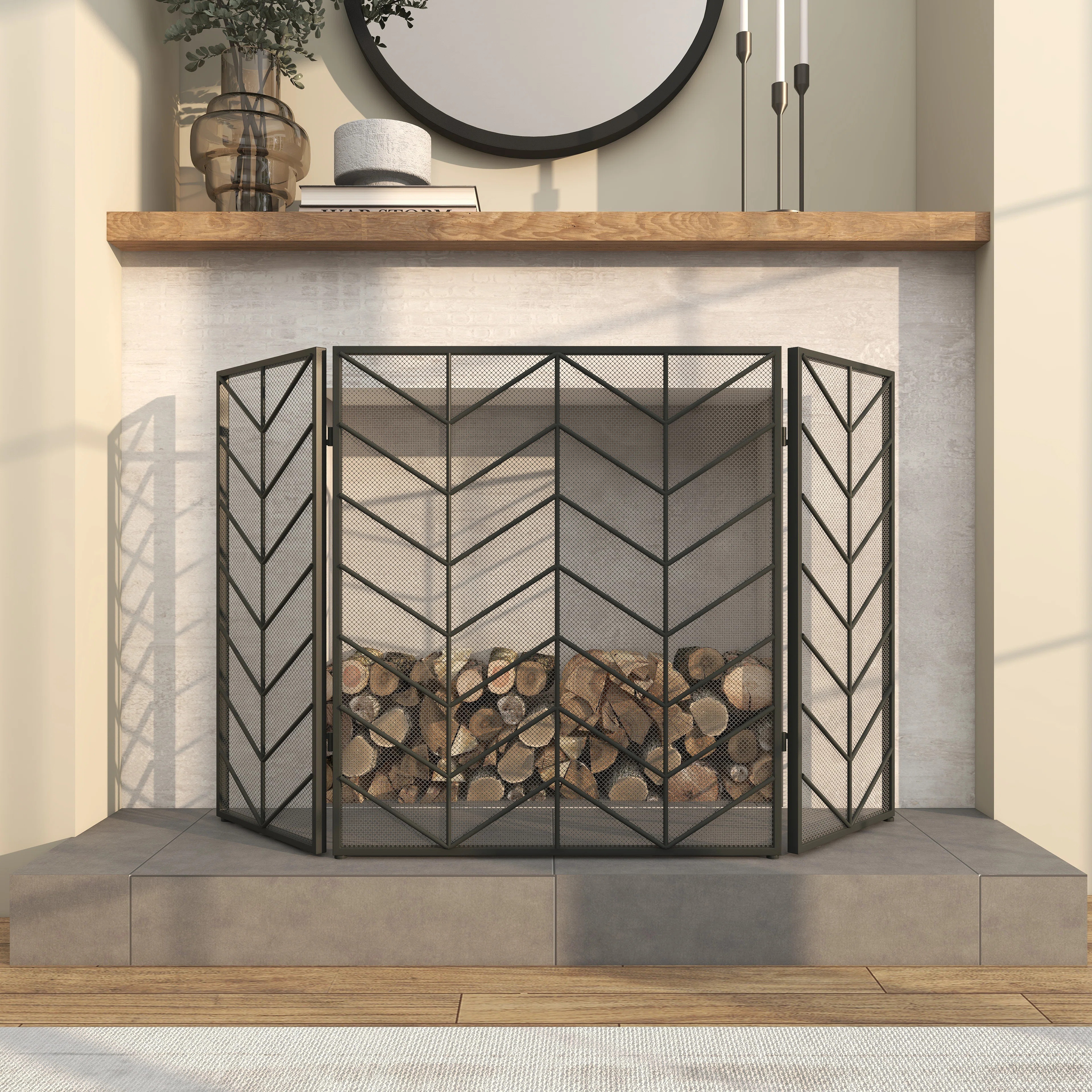 Venturi Metal Foldable Mesh Netting 3 Panel Geometric Fireplace Screen with Chevron Pattern | Wayfair North America