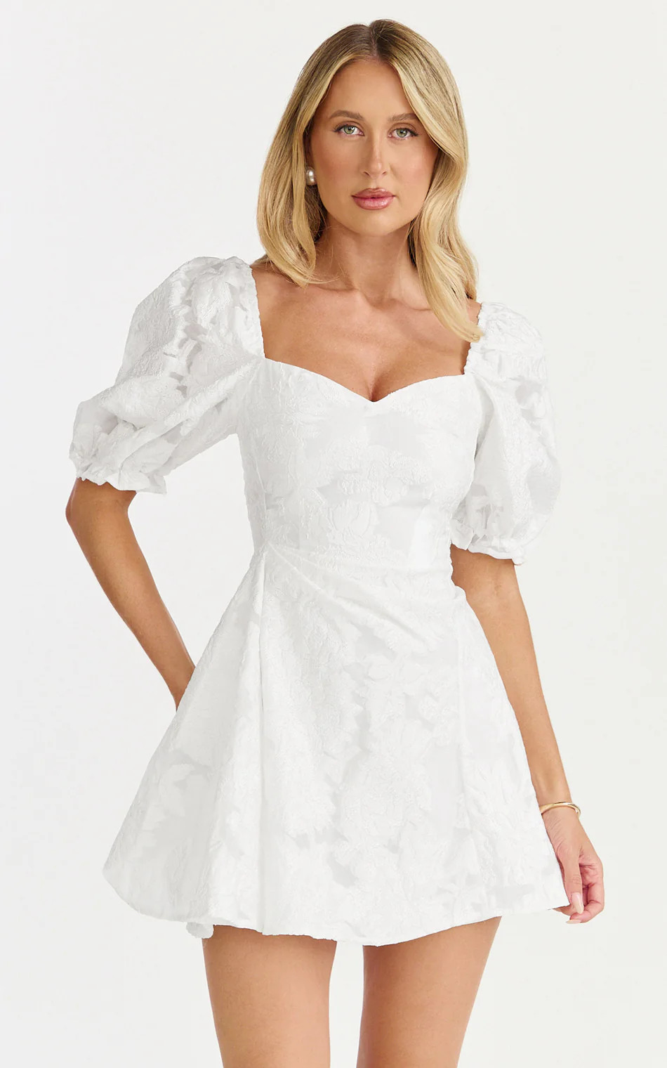 Puff Sleeve Fit and Flare Dress in White | Showpo (US, UK & Europe)