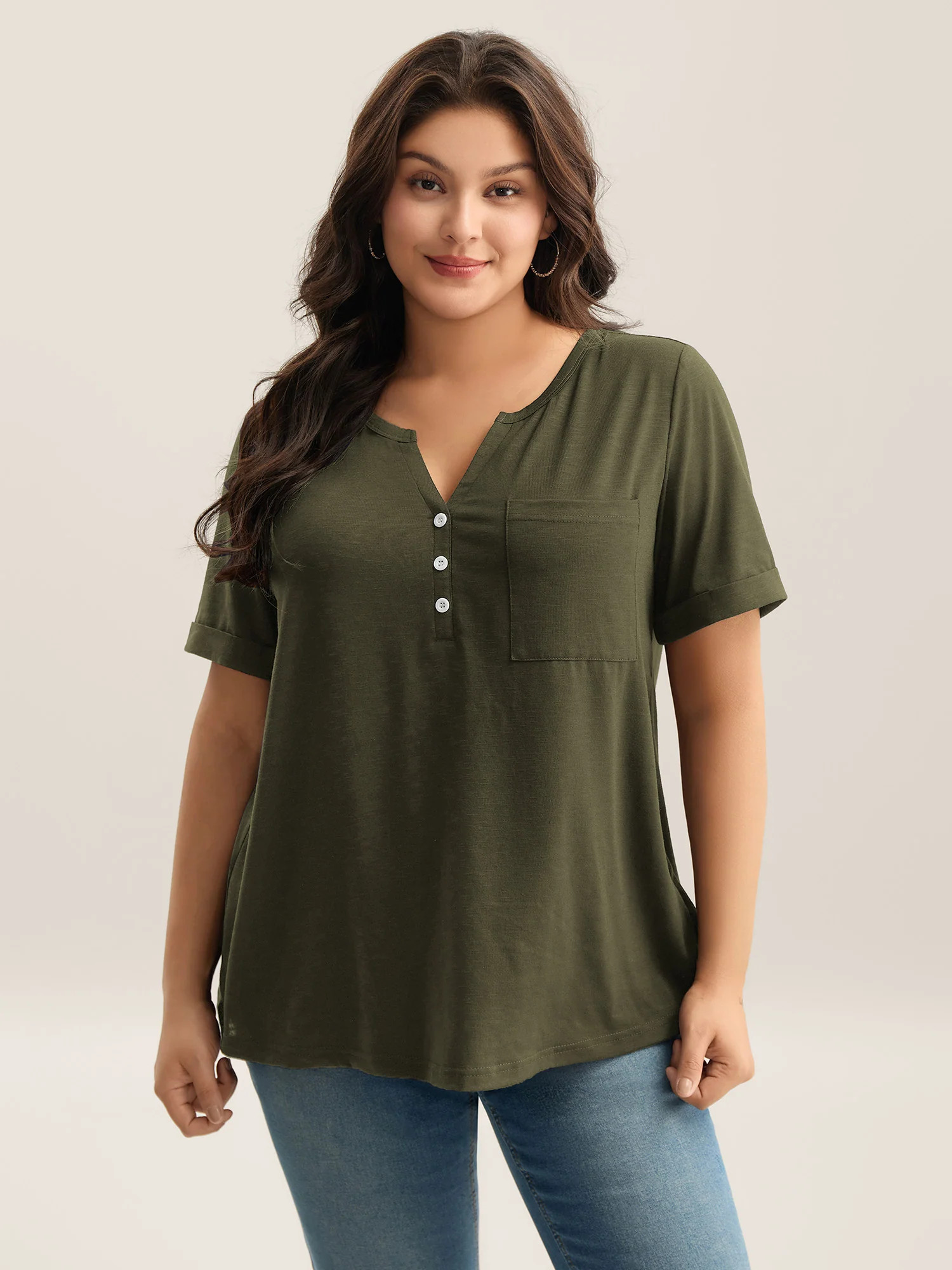 Solid Split Neck Button Detail T-Shirt | Bloomchic