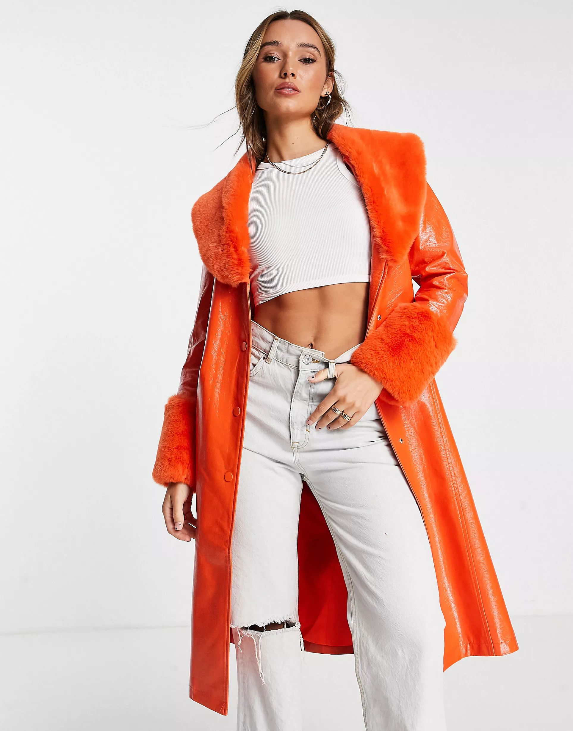 Annorlunda vinyl faux fur trim jacket in orange | ASOS (Global)
