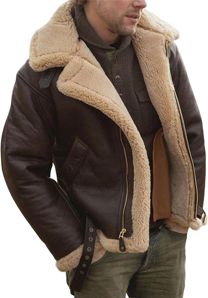 ZWRXW Faux Pu Leather Jacket for Men Fleece Sherpa Lined Winter Coats Heavyweight Button Up Fur C... | Amazon (US)