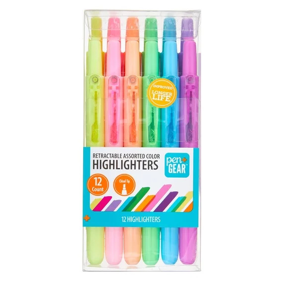 Pen+Gear Retractable Highlighters, Chisel Tip, Assorted Colors,  Multi Colored Ink,12 Count | Walmart (US)