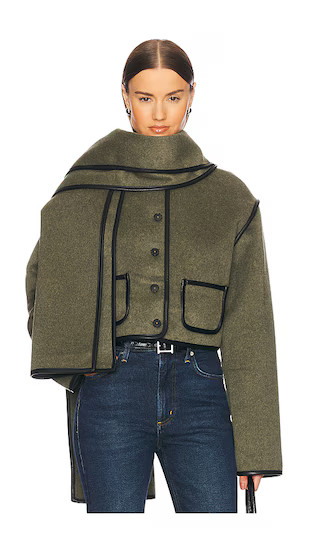 Boxy Jacket With Detachable Scarf in Olive Melange | Revolve Clothing (Global)