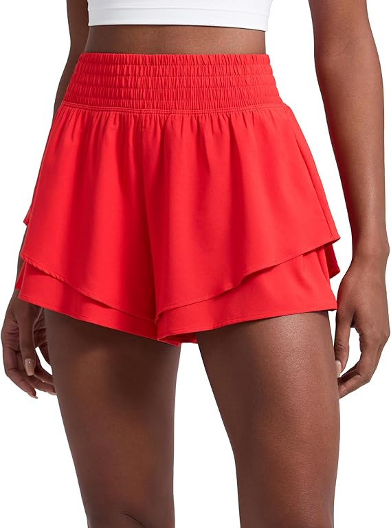 Drapey Double Ruffles Athletic Shorts for Women 2.5" - High Waisted Flowy Tennis Workout Running ... | Amazon (US)