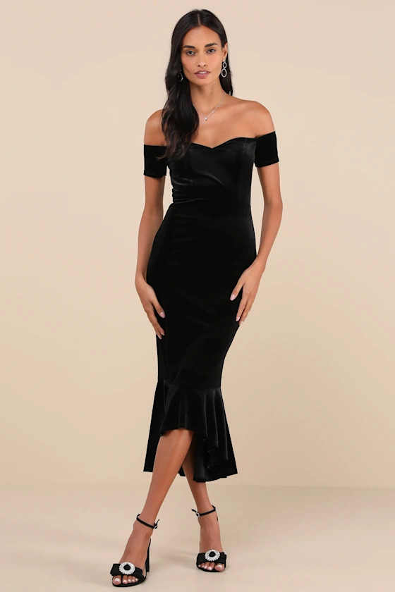 How Much I Care Black Velvet Off-the-Shoulder Midi Dress | Lulus