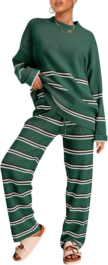 LILLUSORY 2 Piece Sets for Women 2025 Fall Outfits Two Piece Lounge Sets Sweatsuits Striped Knit ... | Amazon (US)