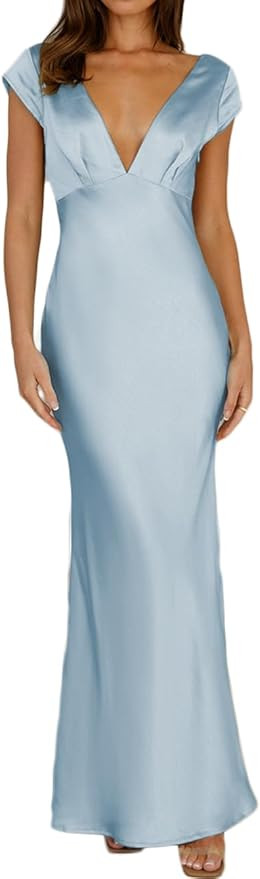 Halfisland Womens Summer Satin V Neck Cap Sleeve Backless Maxi Dress Elegant Twist Cut Out Midi D... | Amazon (US)