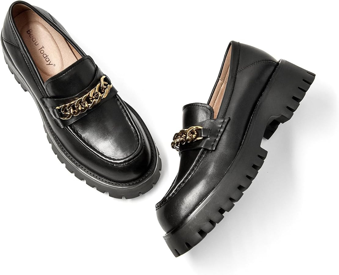 BEAU TODAY Chunky Loafers for Women,Womens Platform Loafer Shoes,Chunky Heel Lug Sole Slip-on Met... | Amazon (US)
