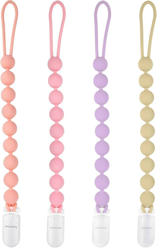 Silicone Pacifier Clip Holder, 4 Pack One Piece Soft Flexible Binky Clips Pacifier Holder Clip fo... | Amazon (US)