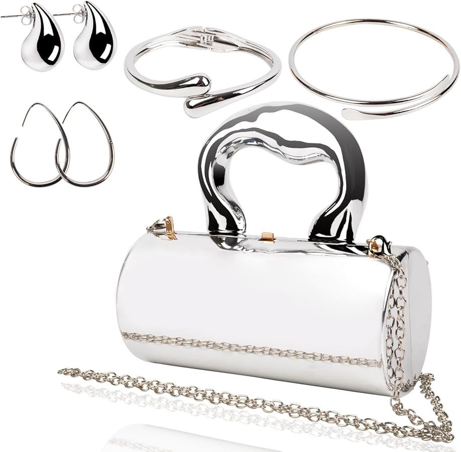 Silver Clutch Purse Set for Women - 5 Pcs Metallic Evening Bag with Bracelets & Earrings Acrylic ... | Amazon (US)