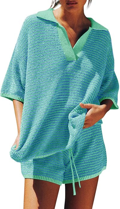 Amazon.com: Tankaneo Womens Sweater Set 2 Piece Outfits Oversized 3/4 Sleeve V Neck Knit Tops Hig... | Amazon (US)