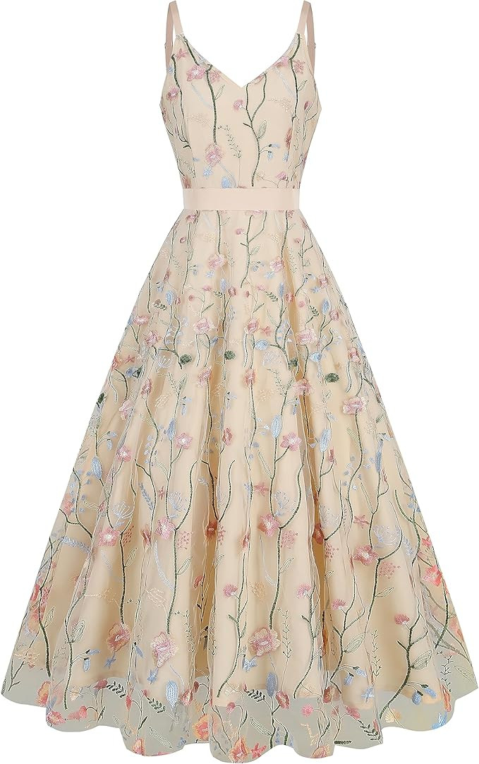 Long Floral Embroidery Dress for Women Flower Embroidered Maxi Dress Spaghetti Straps Formal Even... | Amazon (US)