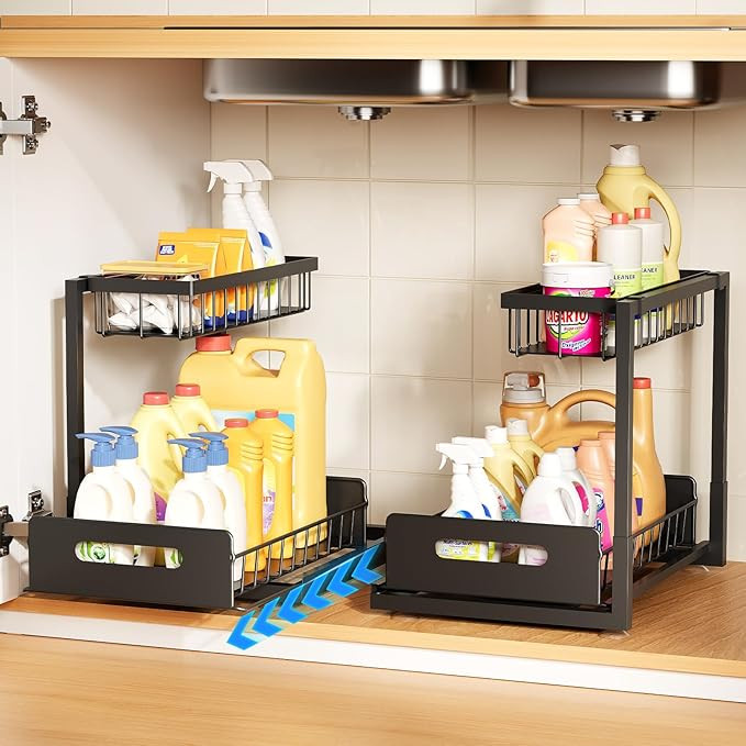 Under Sink Organizer 2 Pack,Metal Pull Out Cabinet Organizer Shelf,Kitchen Bathroom Organizers an... | Amazon (US)