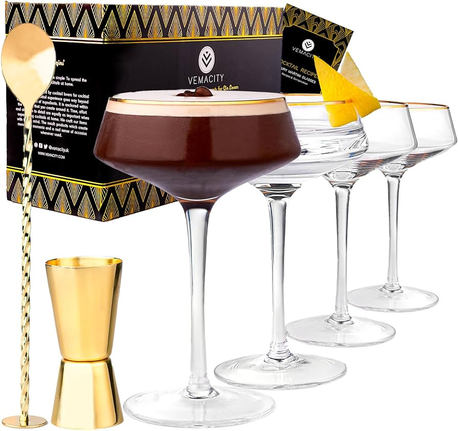 VEMACITY Martini Glasses Set of 4 with Gold Rims | Vintage Glassware with Gold Bar Spoon & Double... | Amazon (US)