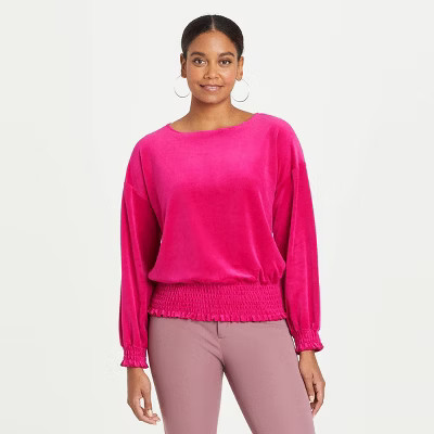 Women's Bishop Long Sleeve Velvet Smocked Top - A New Day™ Dark Pink M | Target