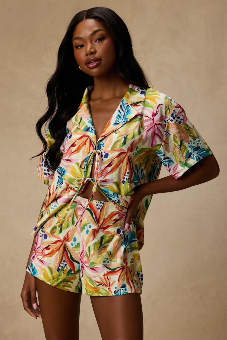 Talise Ivory Multi Tropical Print High-Rise Shorts | Lulus