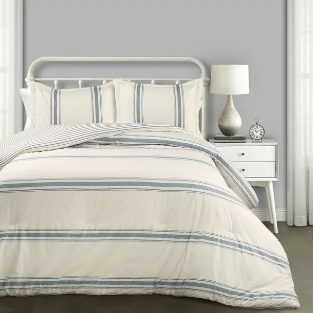 "Lush Decor Farmhouse Stripe Traditional Reversible Comforter, King, Blue, 3-Pc Set" | Walmart (US)