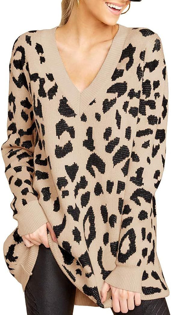 Ashuai Womens Leopard Sweater Dress Oversized V Neck Long Pullover Loose Knitted Jumper Tunic Top... | Amazon (US)