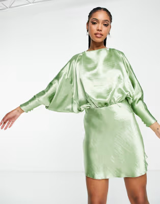 ASOS DESIGN hi-shine satin backless balloon sleeve mini dress in sage | ASOS (Global)