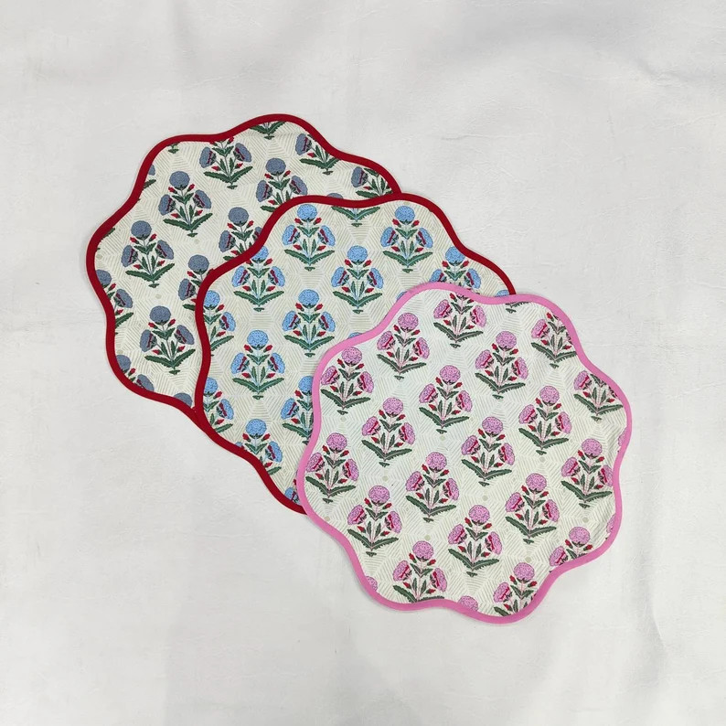 Round scalloped botanical Placemat, Block Print fabric table mat easy care,machine washable rusti... | Etsy (US)