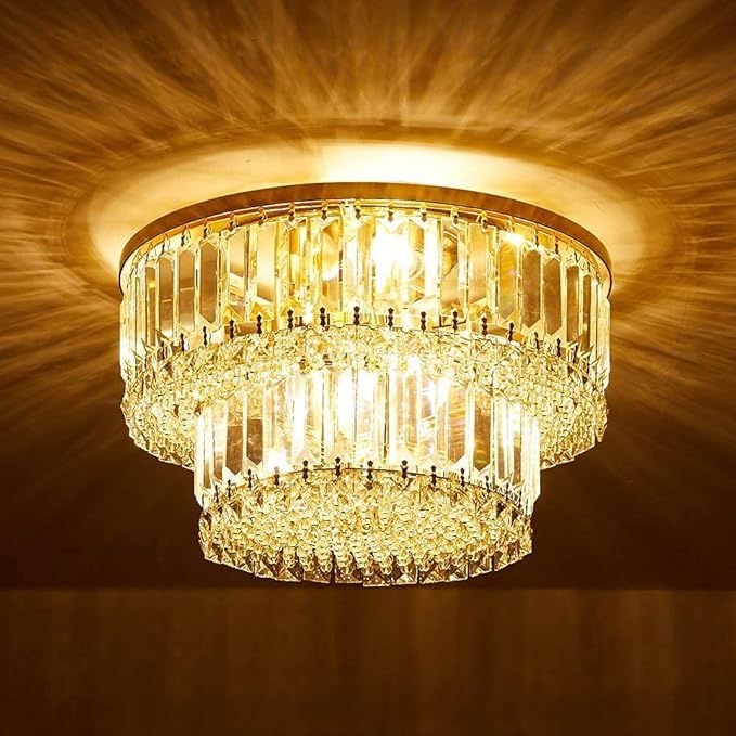 Berliget Gold Crystal Chandelier, Modern Flush Mount Ceiling Light Fixture, Round Raindrop Chande... | Amazon (US)
