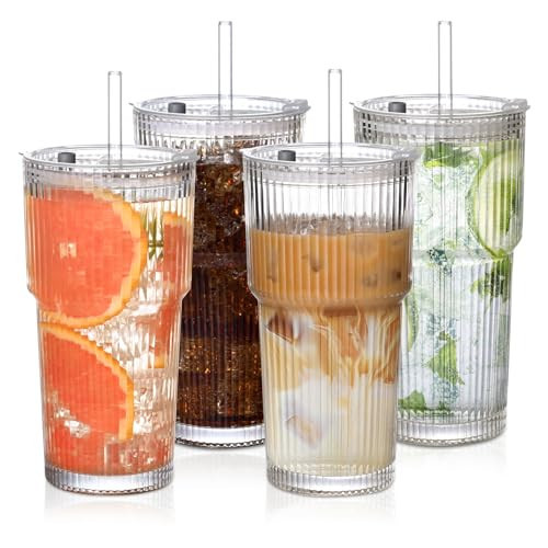 AUFXKOO 20oz Ribbed Glass Cups with Lids and Straws,4PCS Glass Tumbler with Straw and Lid, Iced Coffee Cups Drinking Glasses for Juice,Smoothies,Cocktail | Amazon (US)